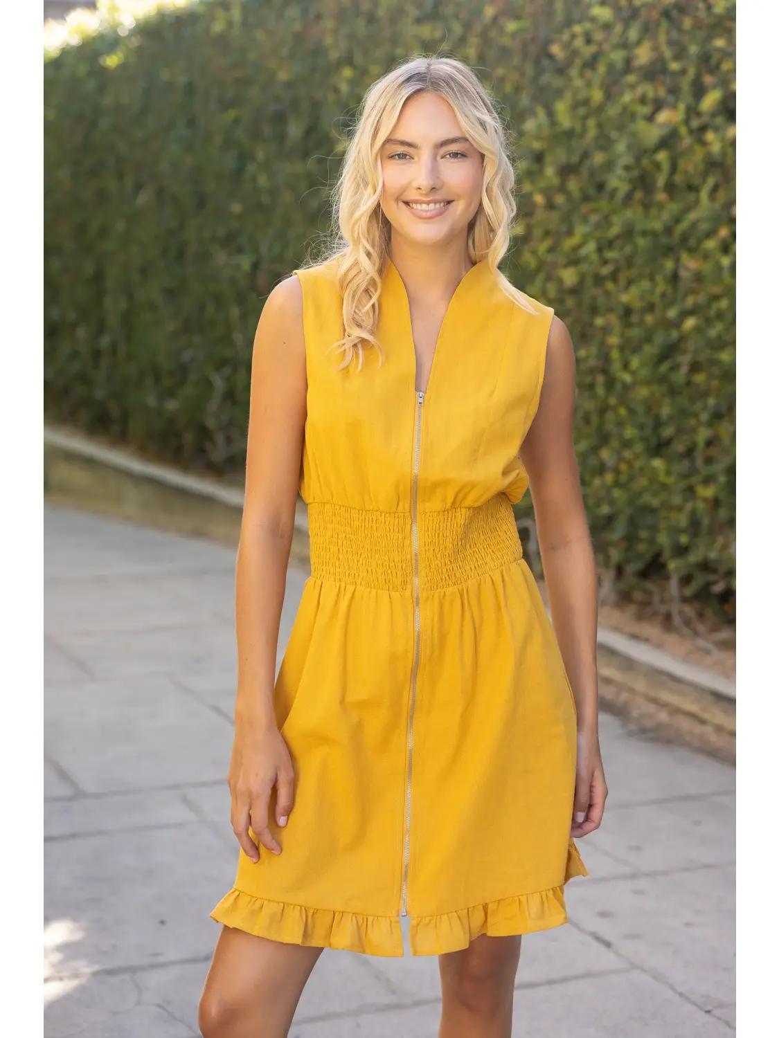 Smocked Waist Zip Up Sleeveless Mini Dress
