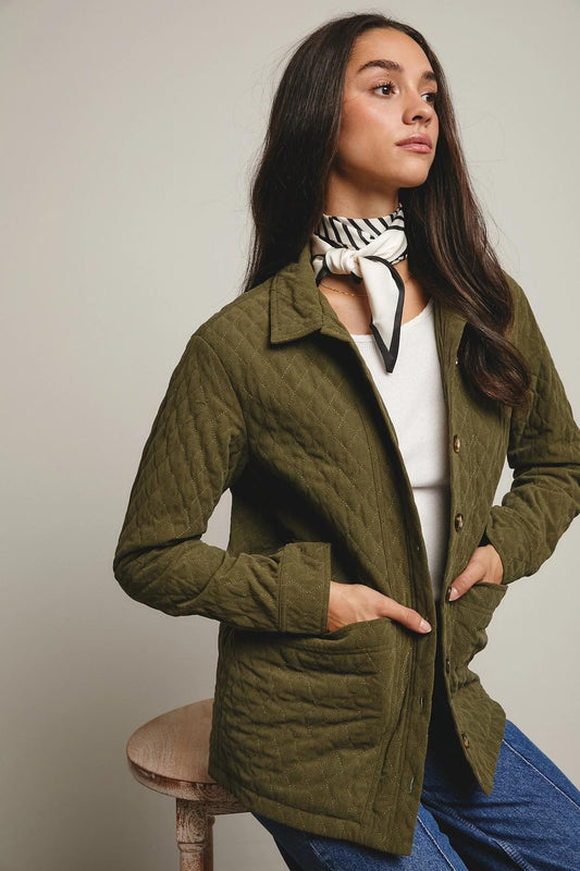 Diamond Quilted Corduroy Button-Up Jacket (Olive)