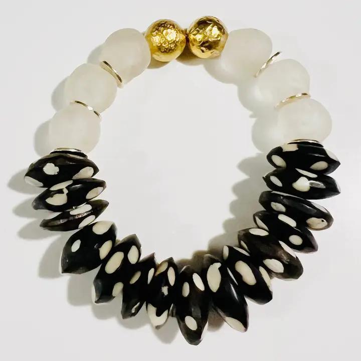 Recycled Glass & Black Polka Dot Bone Bead Stretch Bracelet
