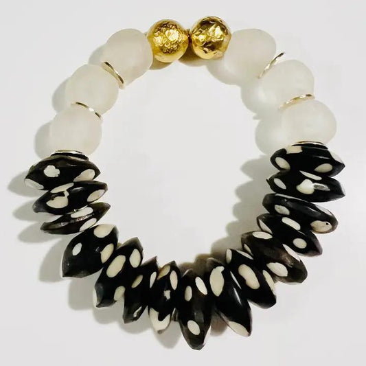 Recycled Glass & Black Polka Dot Bone Bead Stretch Bracelet