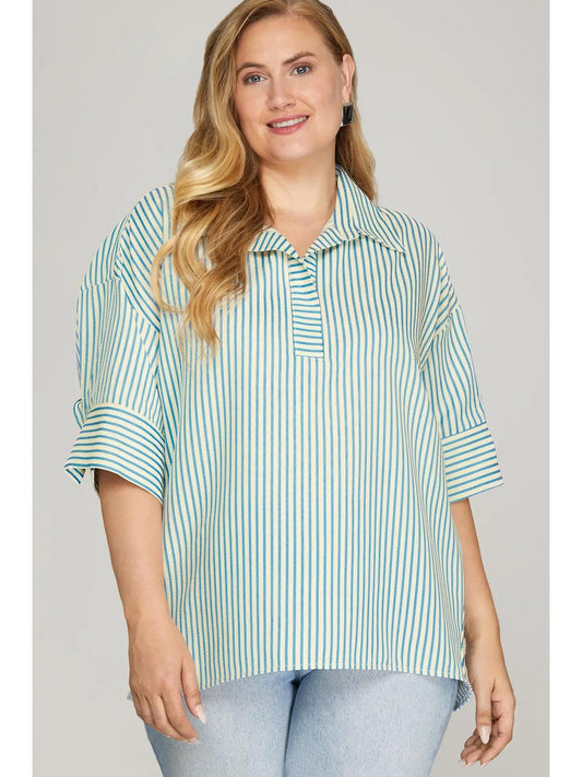 Blue Short Sleeve Oversized Striped Top
