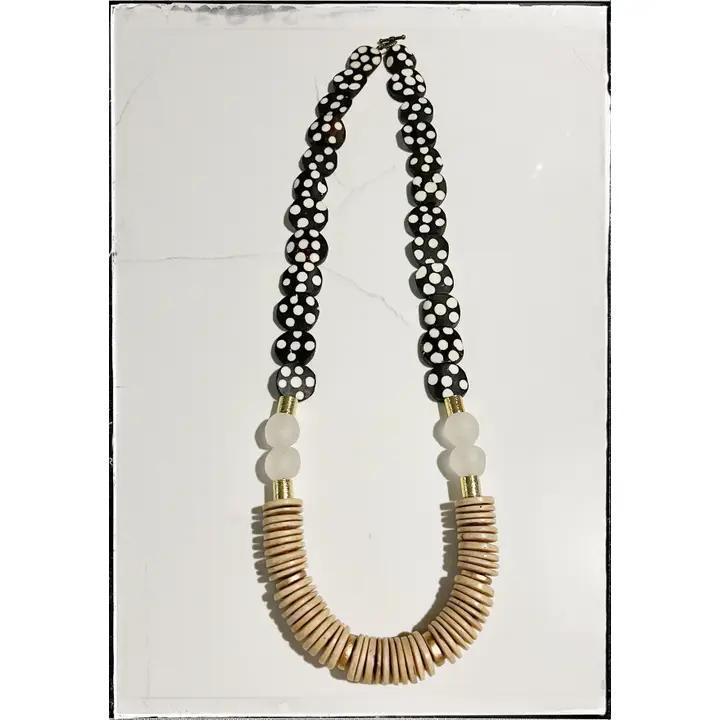 Polka Dot Bone Flat Bead Long Statement Necklace Coconut