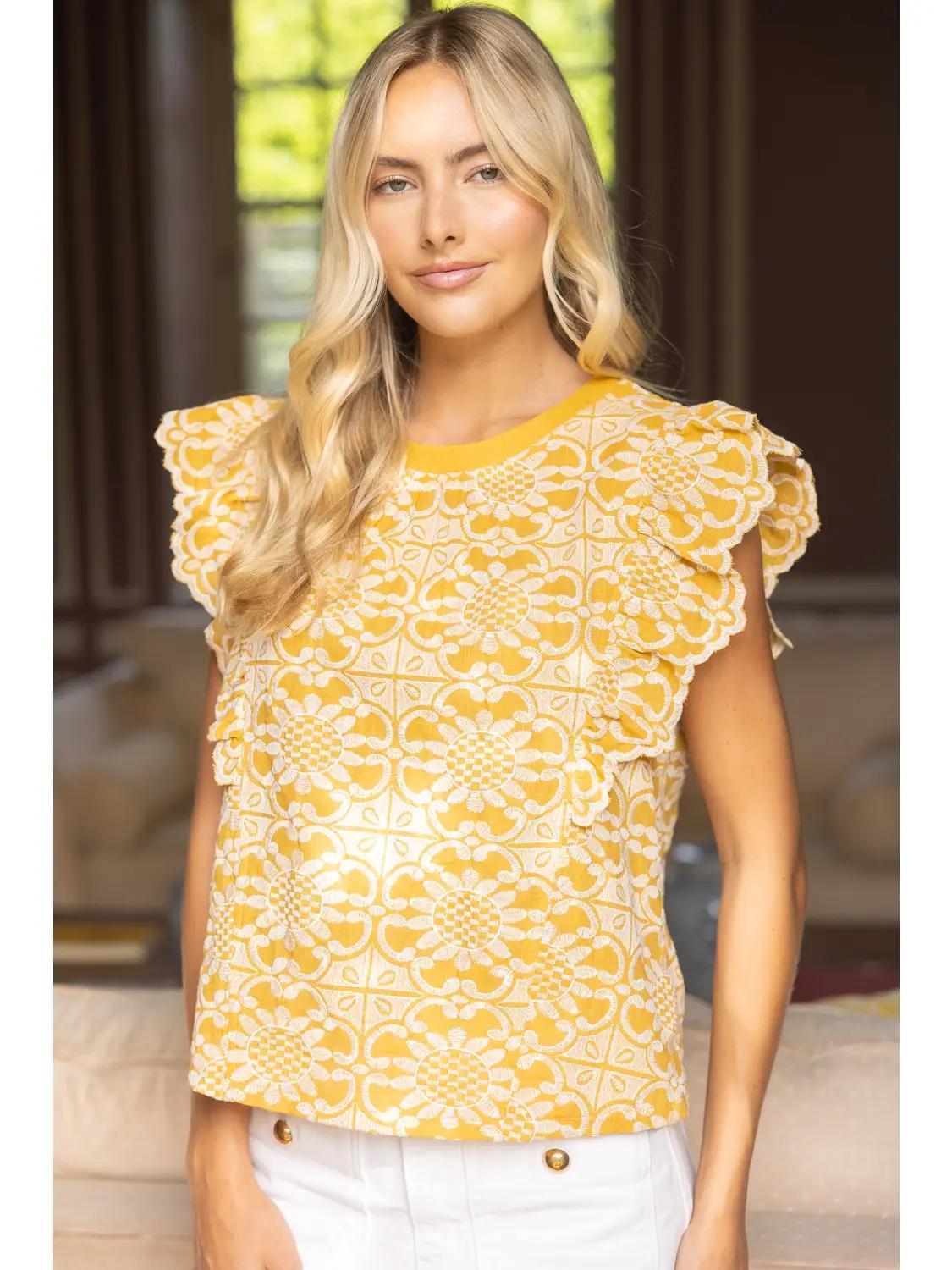 Scallop Ruffle Detail Floral Embroidered Top