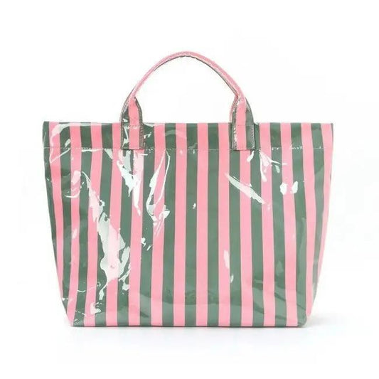Large Striped Vinyl Tote Bags- Pink Green