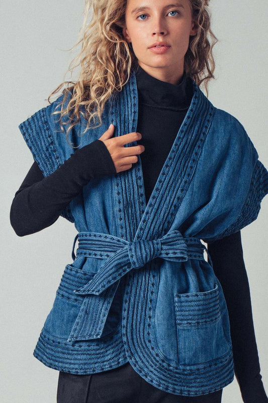 Washed Belted Denim Vest