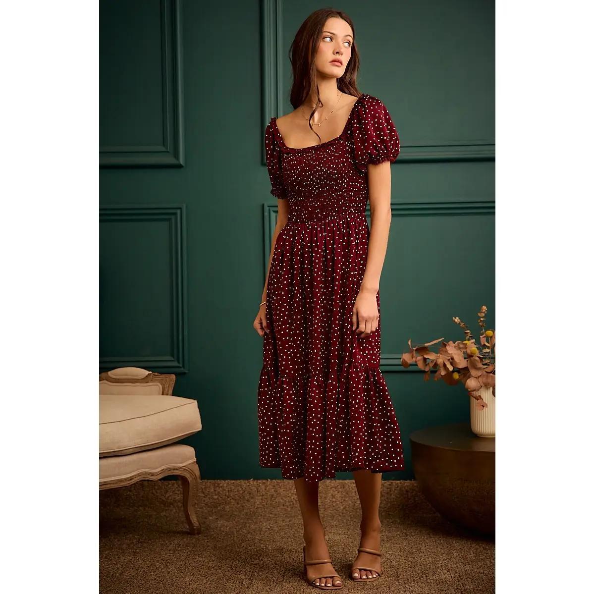 Satin Polka Dot Short Puff Sleeves Midi Dress