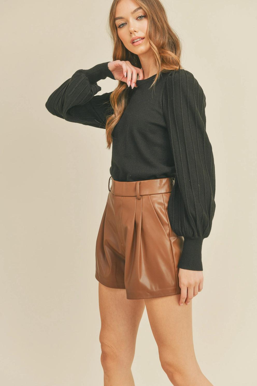 Stripe Texture Puff Sleeve Sweater (Forest Green)