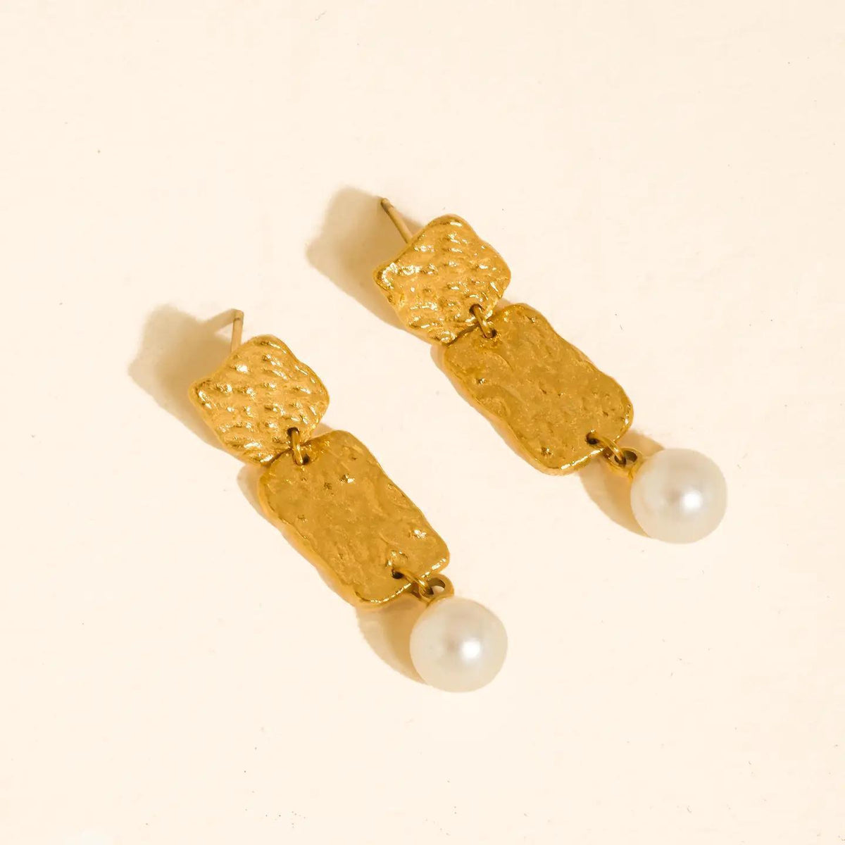 Amabel 18K Gold Non-Tarnish Hammered Pearl Drop Earrings