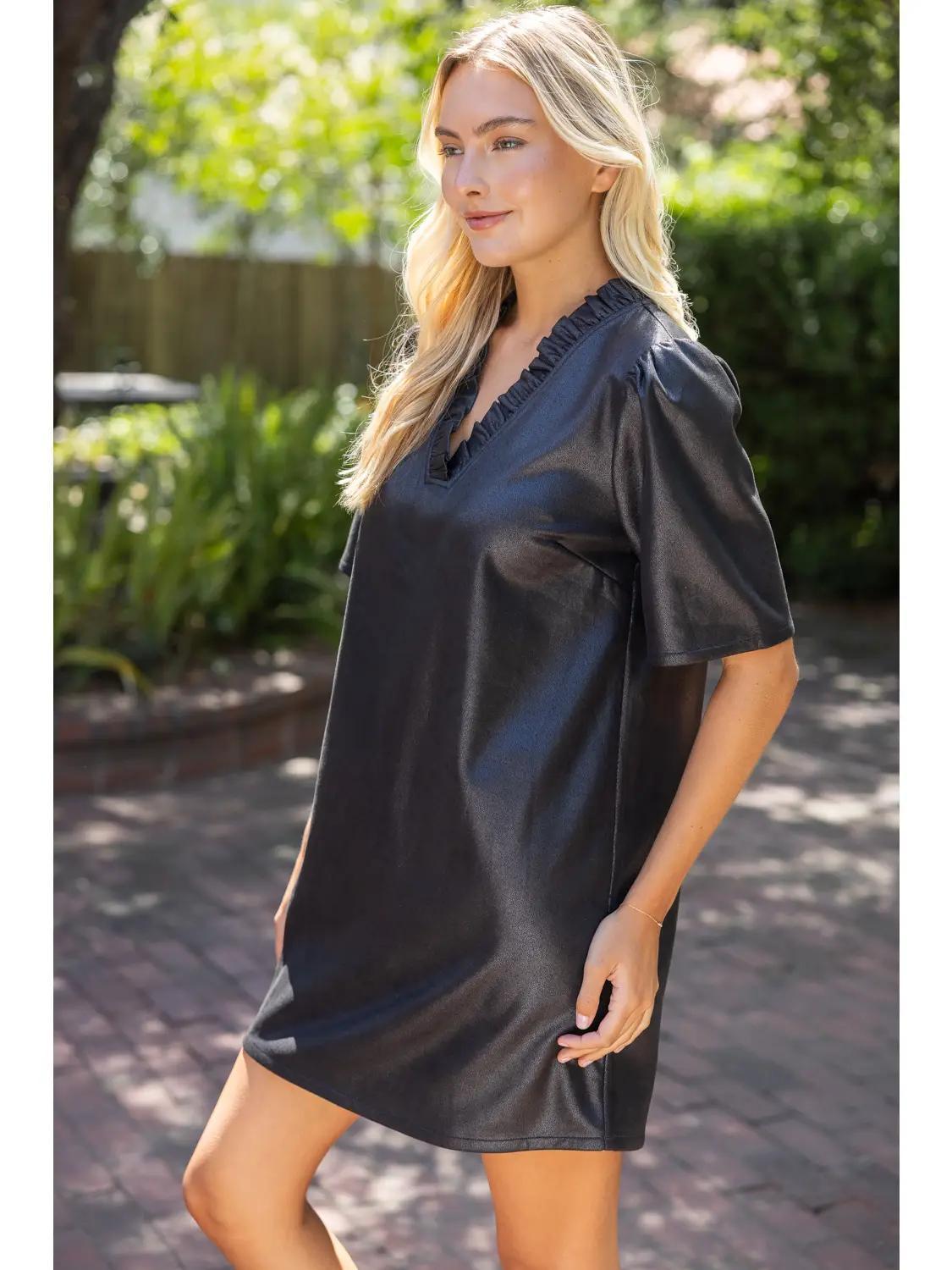 Ruffled V-Neck Solid Faux Leather Shift Dress