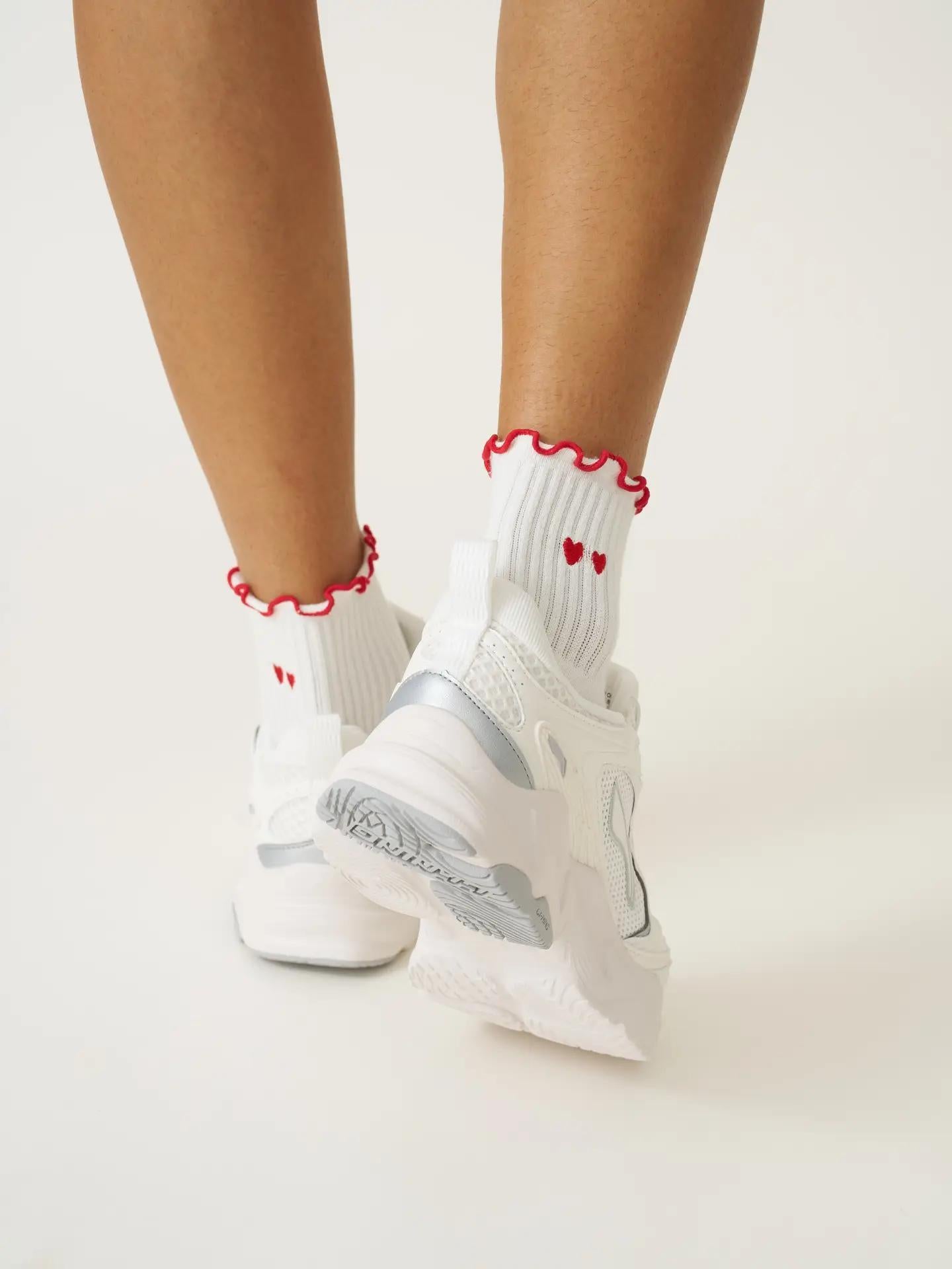 Embroidery Heart Duo Ruffle Grip Sock, Pilates Socks