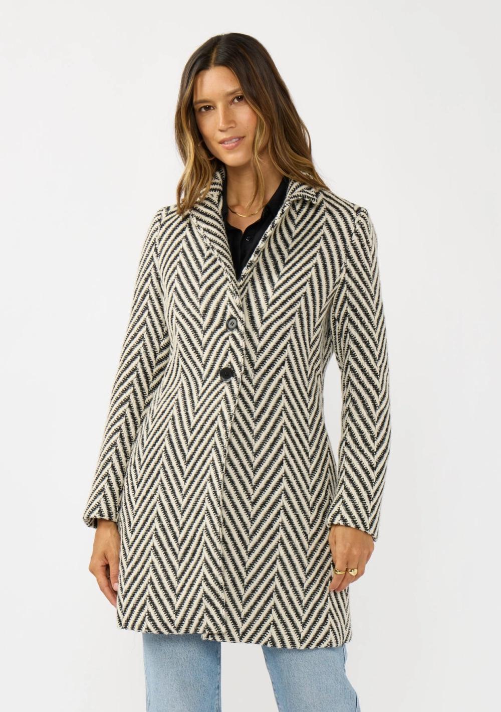 Chevron Notched Lapel Long Sleeve Coat