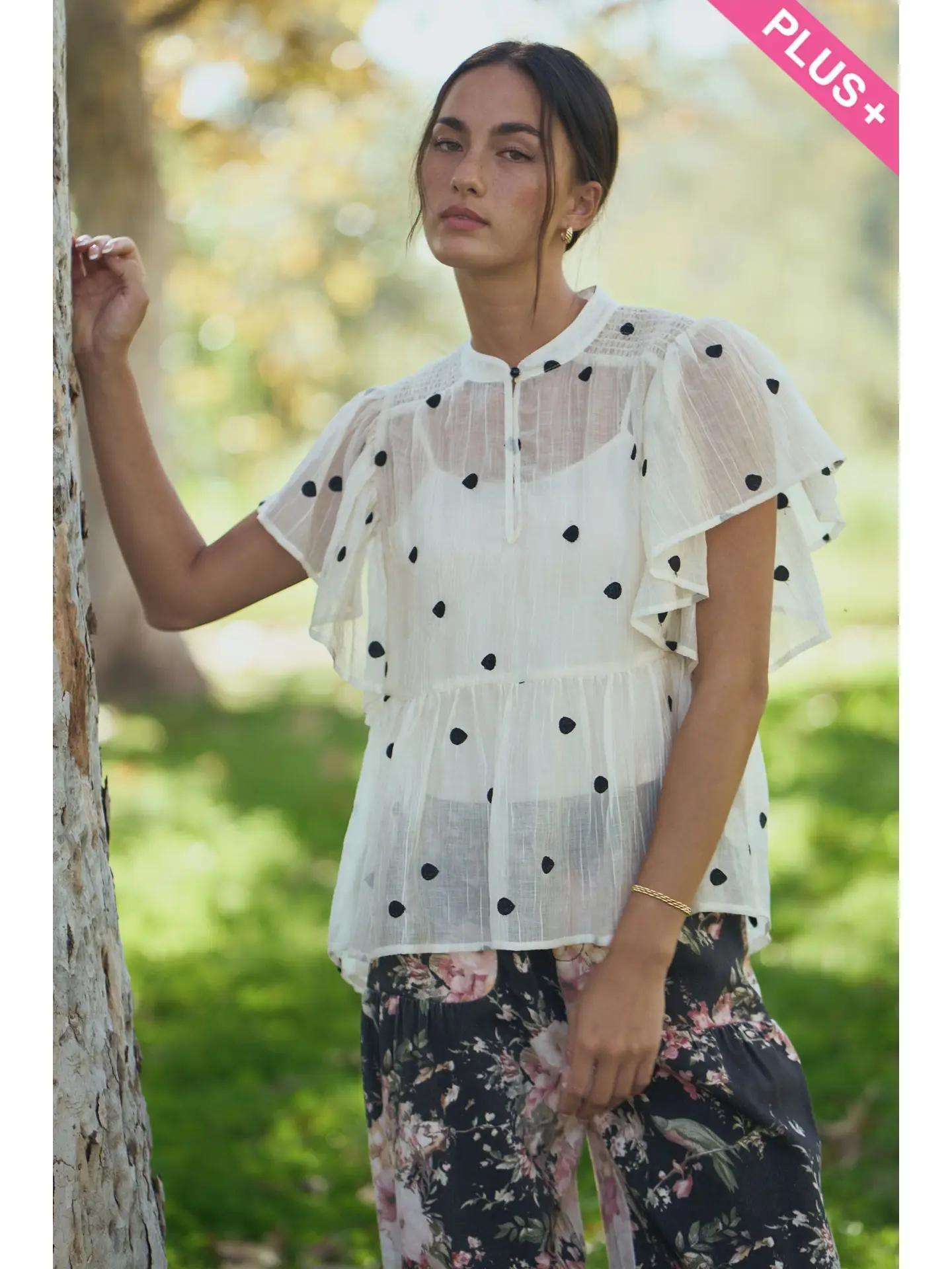 Polka Dot Flutter Sleeve Babydoll Top