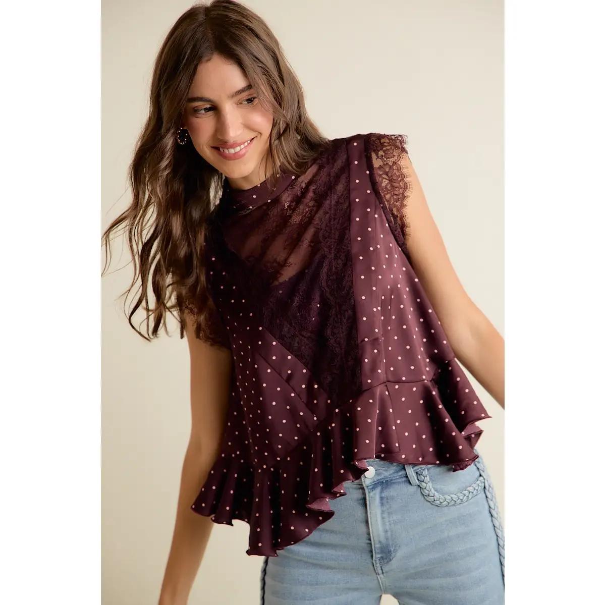 Polka Dot Satin Lace Trim Ruffled High Neck Blouse Top