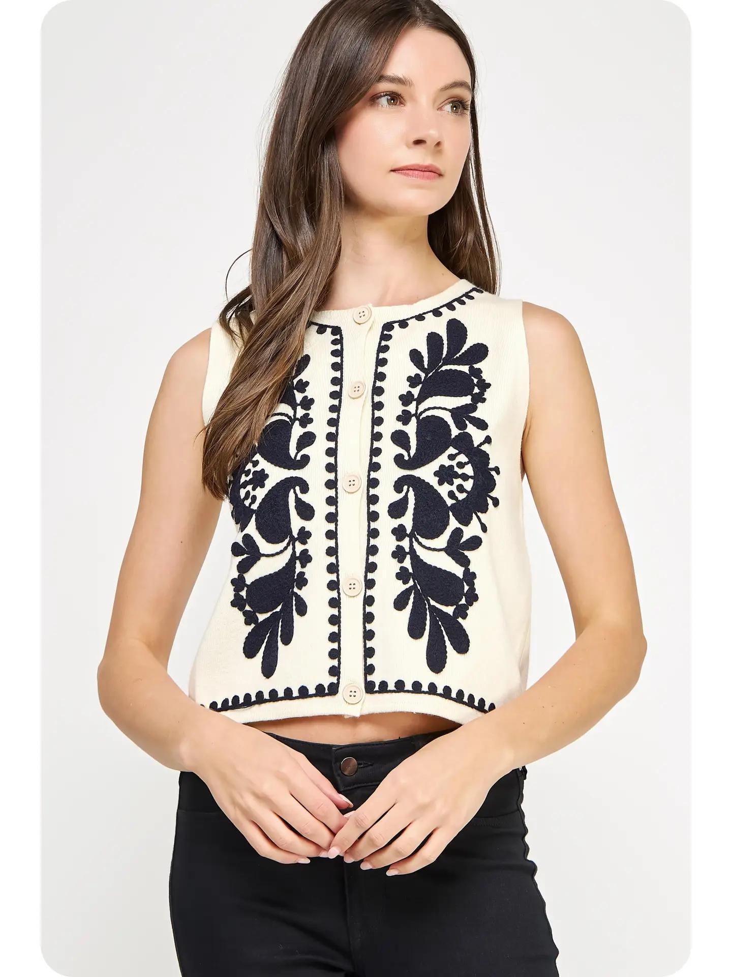 Embroidered Sleeveless Knitted Vest Top