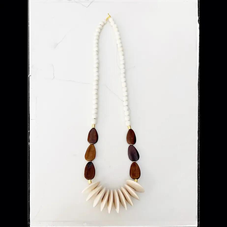African Bone & Wood Disk Statement Bead Necklace Brown
