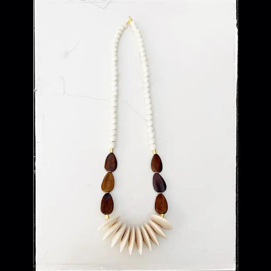 African Bone & Wood Disk Statement Bead Necklace Brown