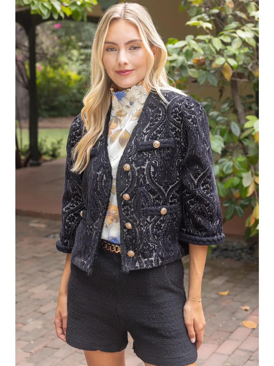 Braid and Gold Button Detail Velvet Jacquard Blazer
