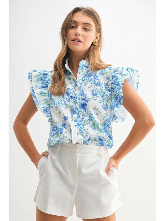 Chic Floral Print Ruffle Frilly Button Up Shirt