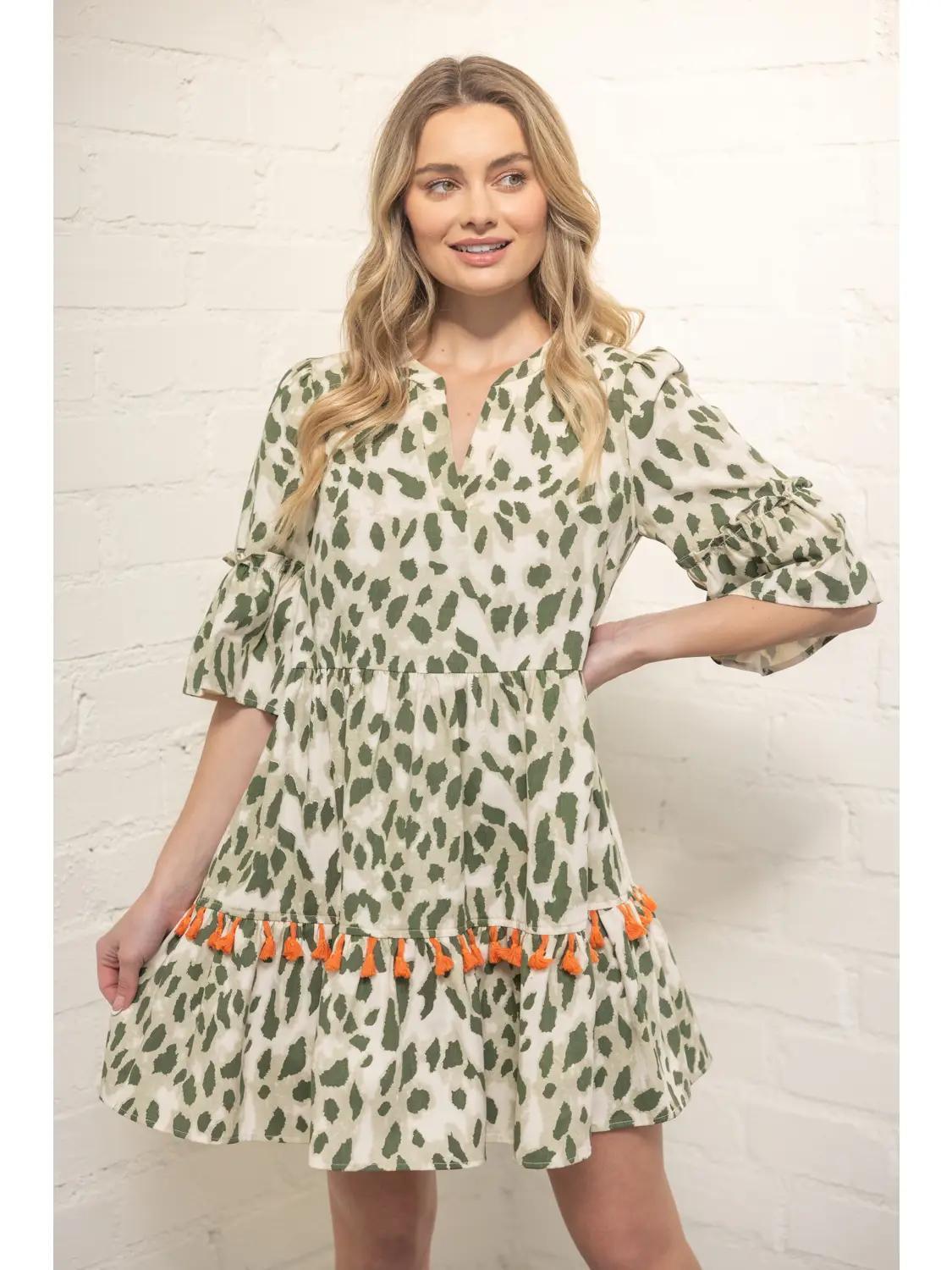 Tassle Trim Detailed Tiered Print Dress