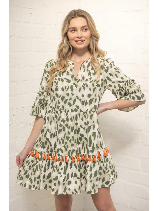 Tassle Trim Detailed Tiered Print Dress