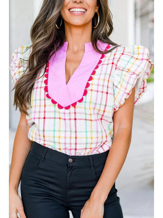 Plaid Patchwork Lace Puff Short Sleeve Blouse