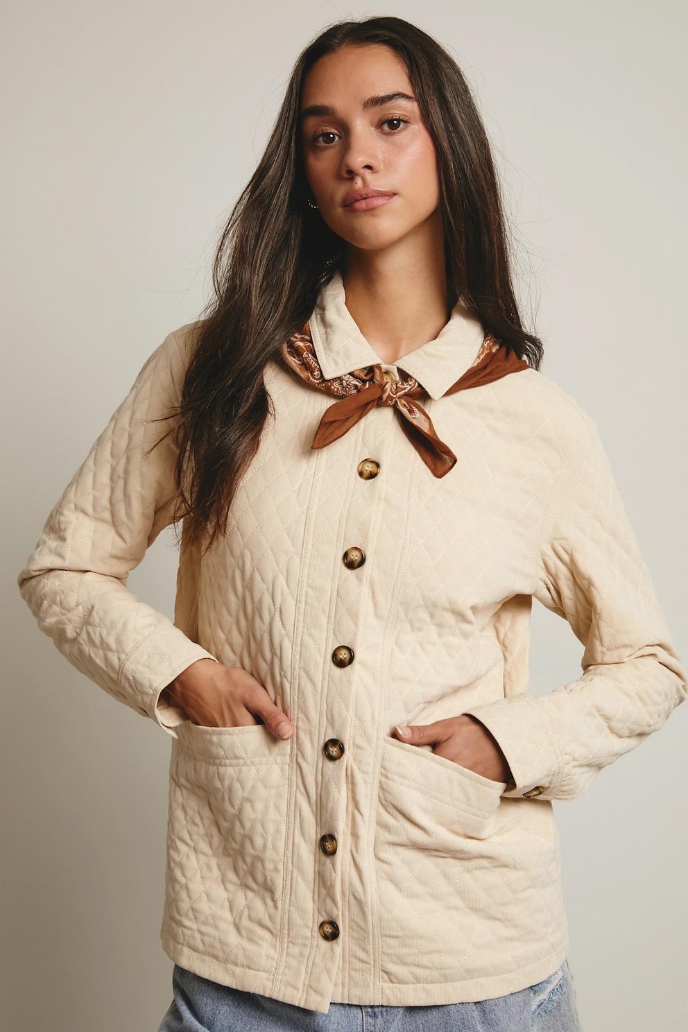 Diamond Quilted Corduroy Button-Up Jacket (Ecru)