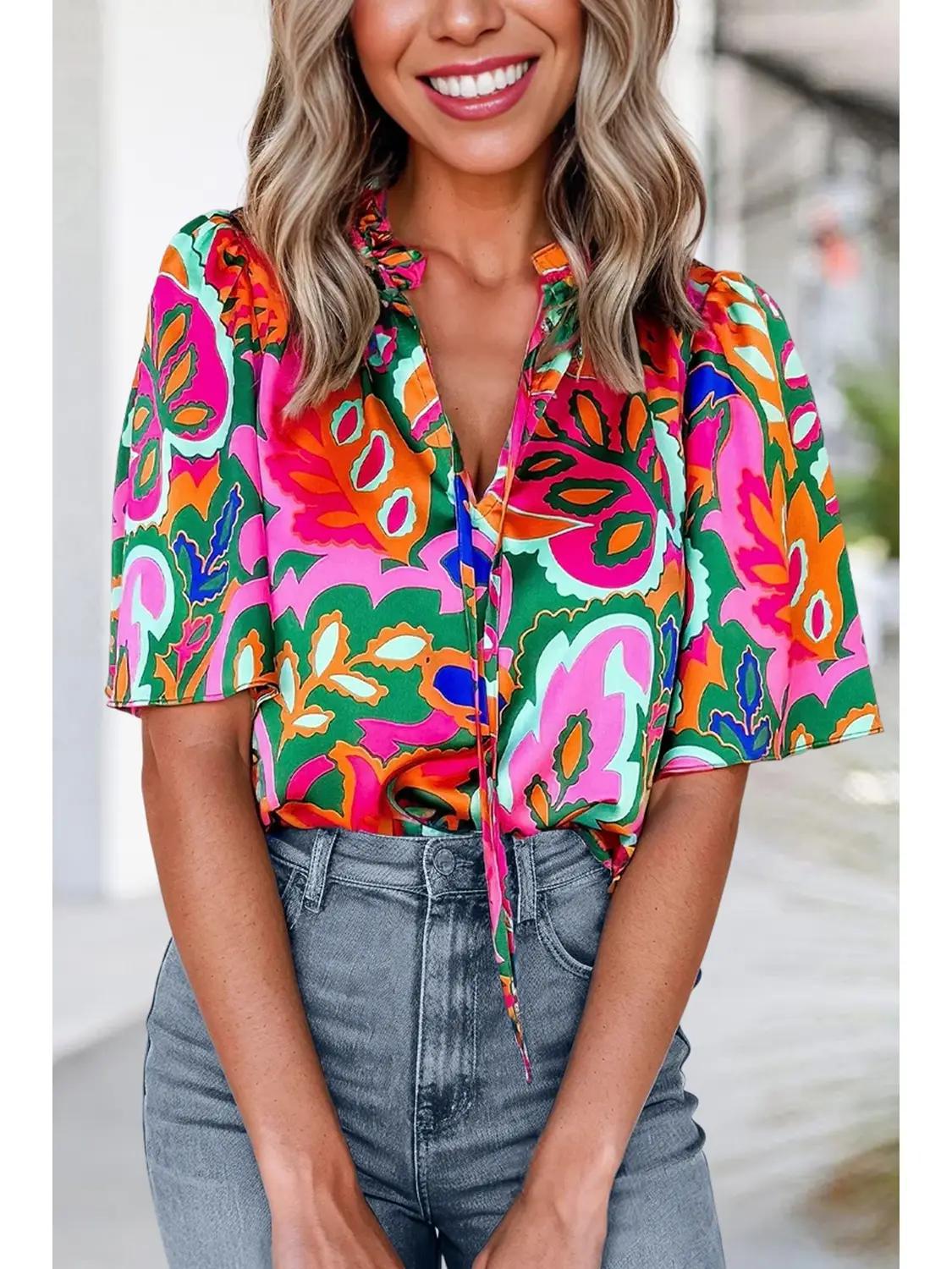 Tropical Print Tie Neck  Puff  Sleeve Blouse