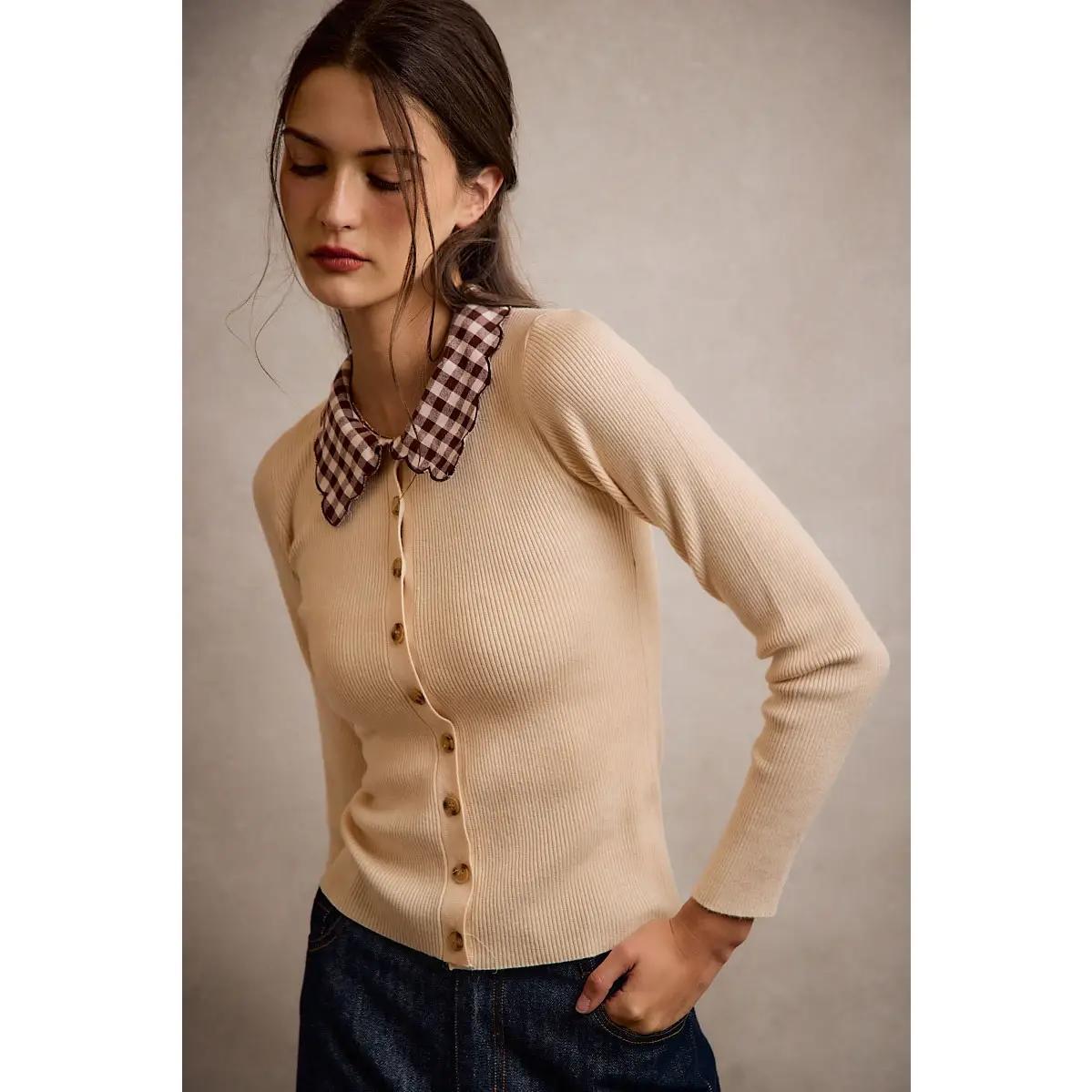 Scallop Edge Collared Button Down Knit Top