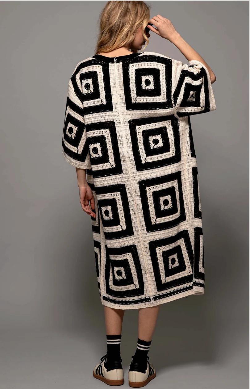 Geometric Crochet Midi Length Open Front Caridgan