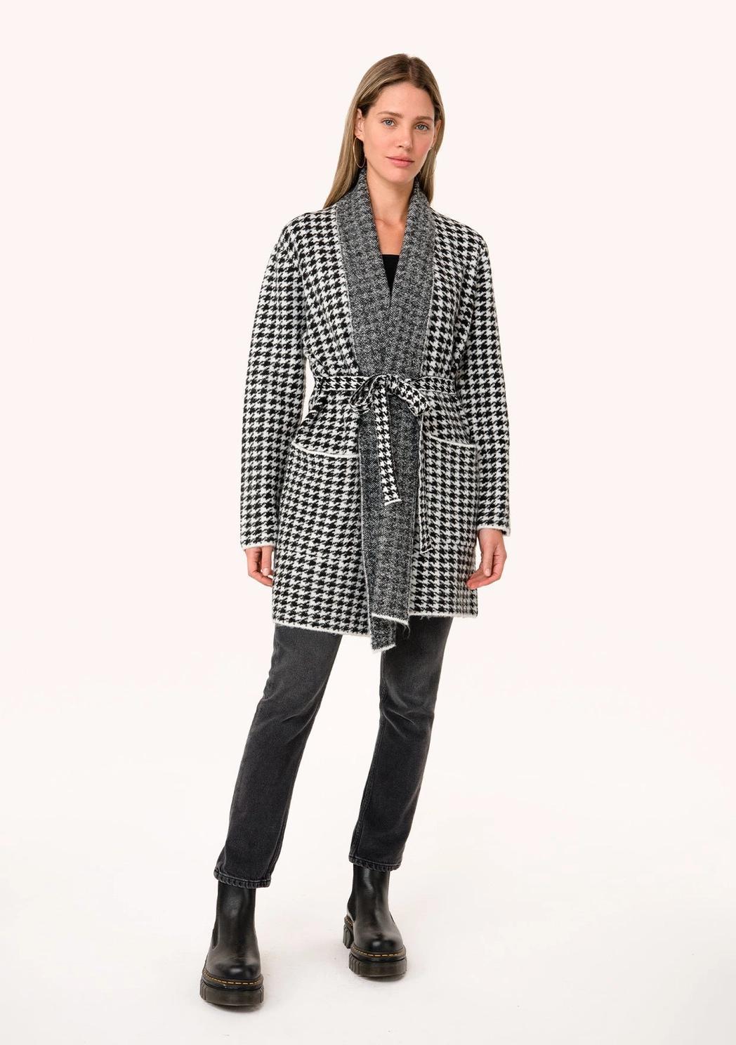 Houndstooth Long Sleeve Belted Shawl Cardigan