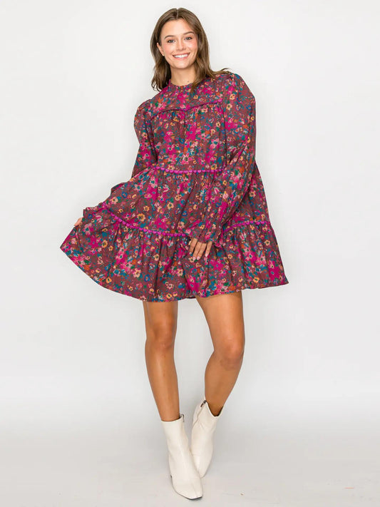 Full Bloom Wild Flower Print Cotton Mini Dress