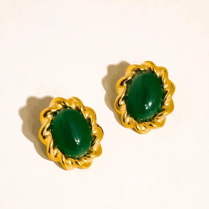 Eulie 18K Gold Non-Tarnish Vintage Stone Oval Earring