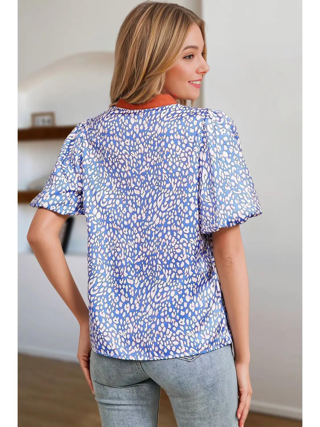 Leopard Print V Neck Half Puff Sleeve Shirt