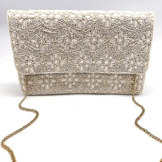 Cream Floral Beaded Clutch