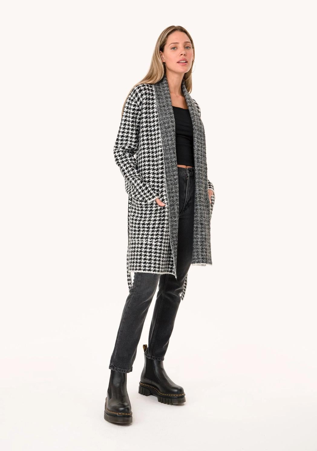 Houndstooth Long Sleeve Belted Shawl Cardigan