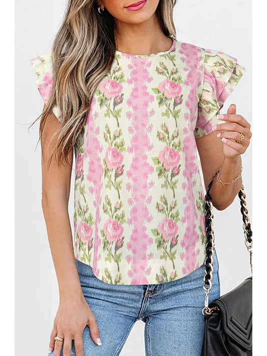 Sassy Floral Print Ruffled Sleeve Top