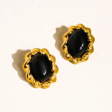 Eulie 18K Gold Non-Tarnish Vintage Stone Oval Earring