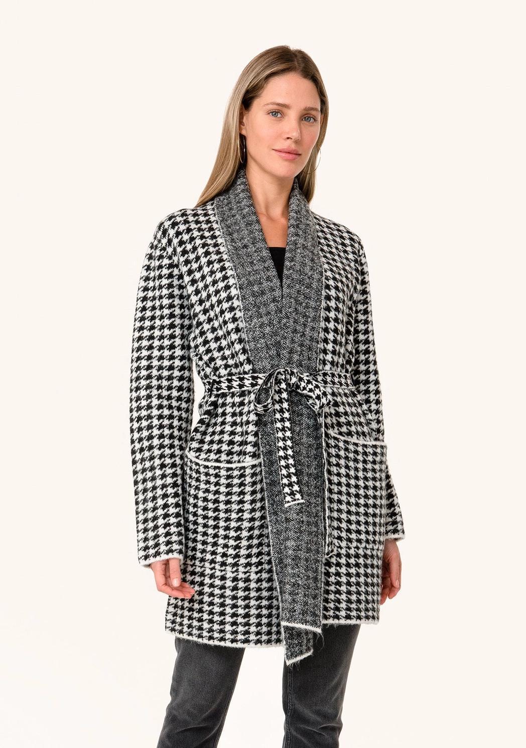 Houndstooth Long Sleeve Belted Shawl Cardigan