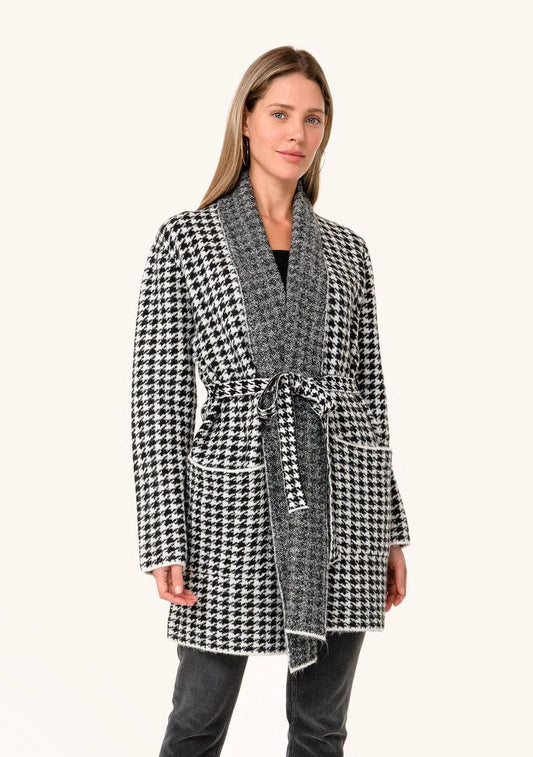 Houndstooth Long Sleeve Belted Shawl Cardigan