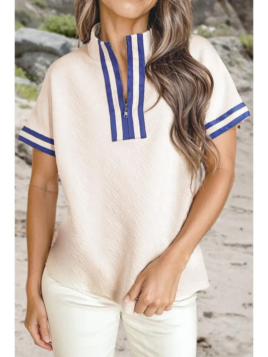 Striped Trim Textured Colorblock Top