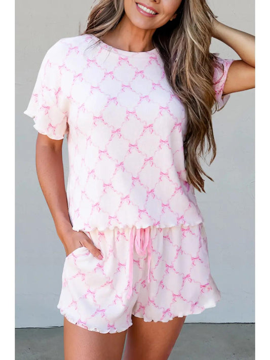 Bow Knot Lettuce Trim Two Piece Lounge Shorts Set