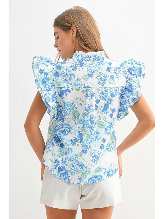 Chic Floral Print Ruffle Frilly Button Up Shirt