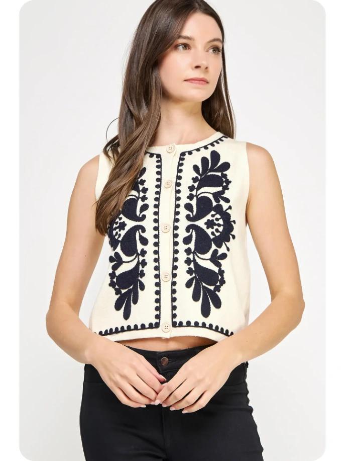 Embroidered Sleeveless Knitted Vest Top