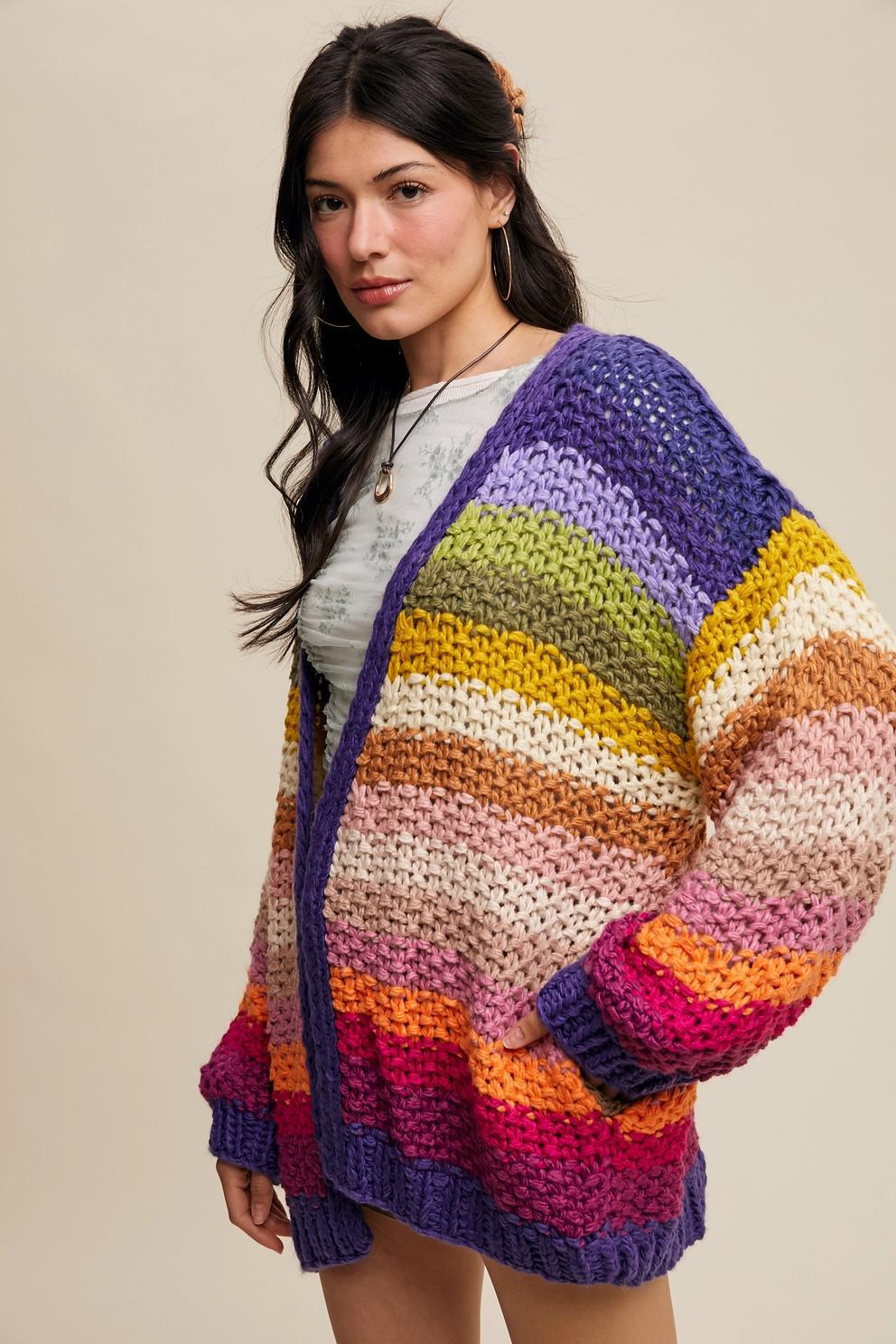 Rainbow Hand-Crochet Open Cardigan
