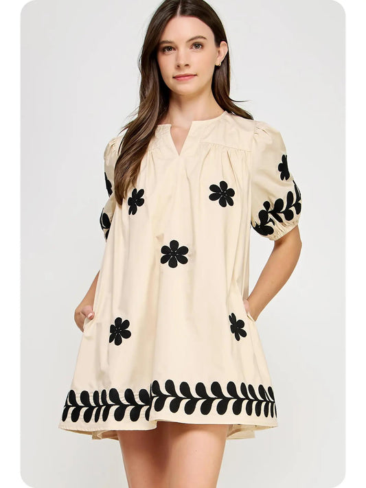 Flower Embroidery Cotton Mini Dress