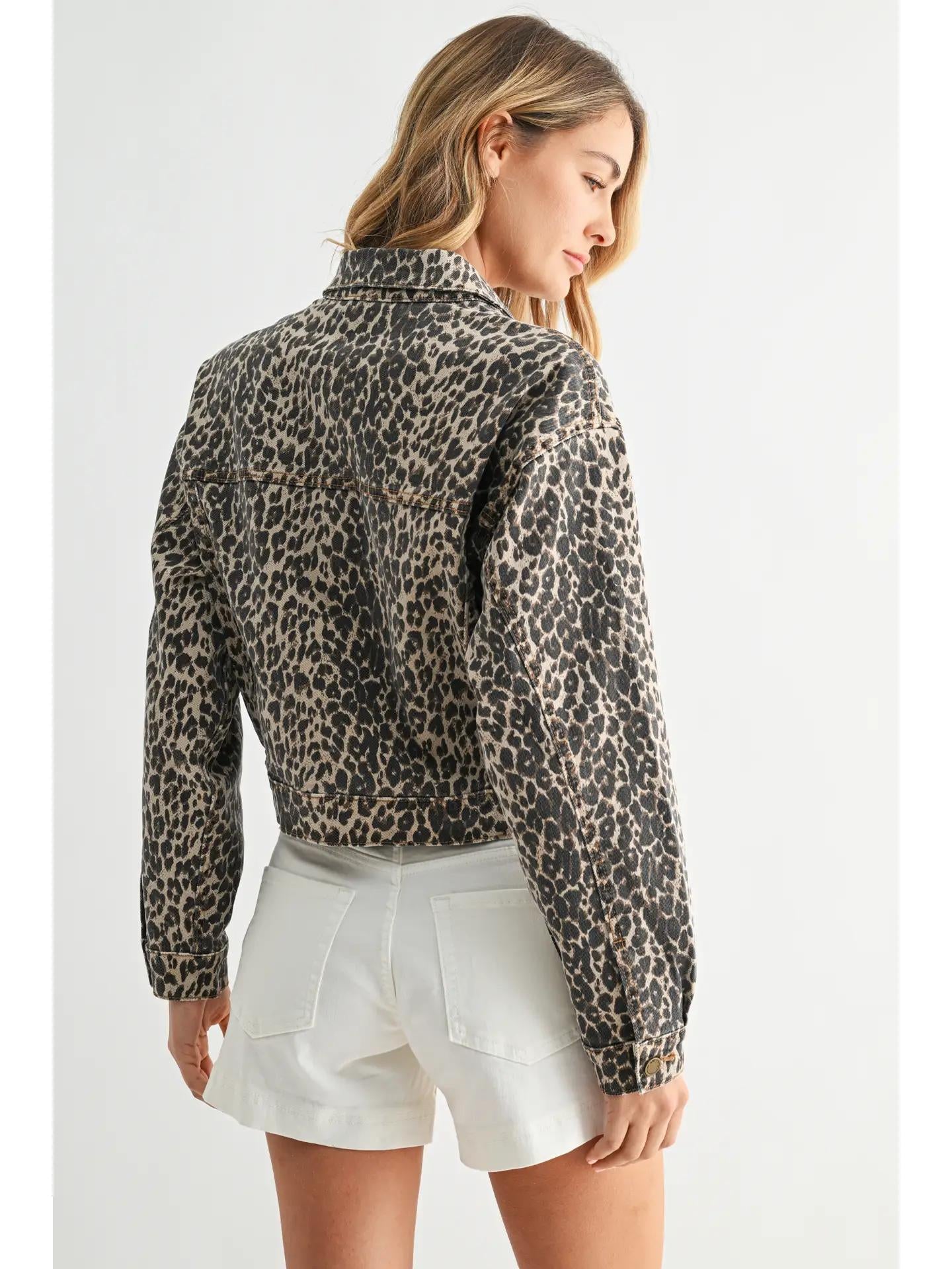 Adjustable Cropped Denim Jacket - Leopard