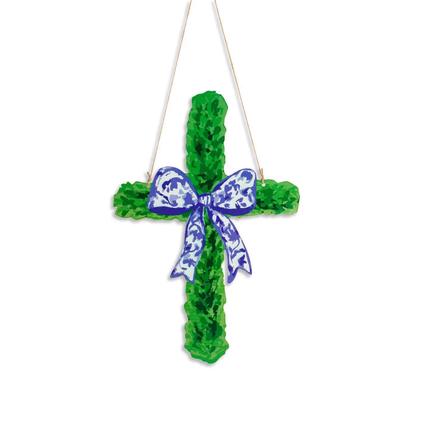 Boxwood Cross Door Hanger Green/Blue