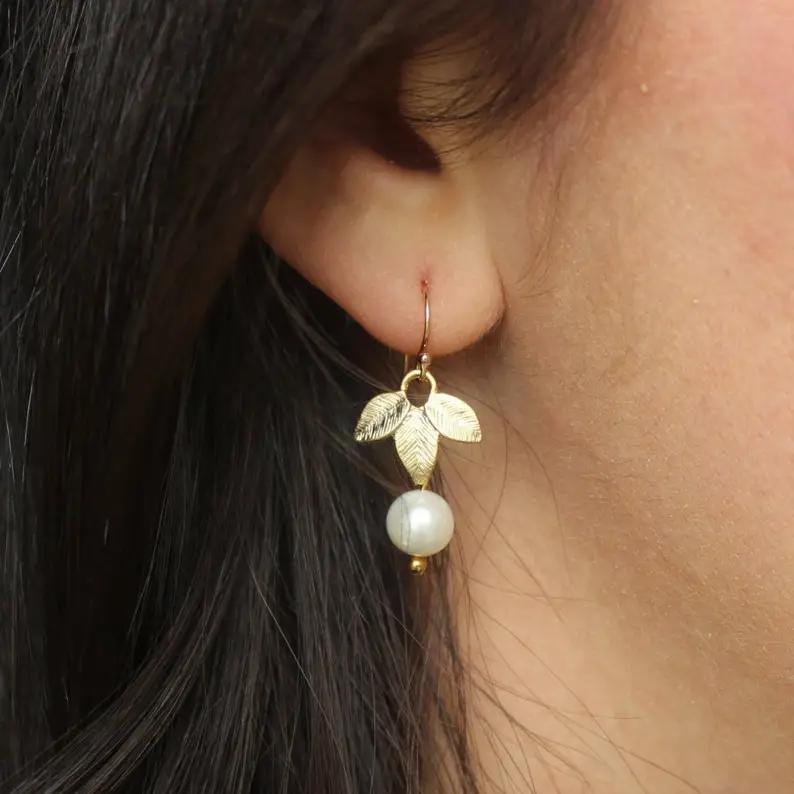 Gold Freshwater Pearl Leaf Earrings