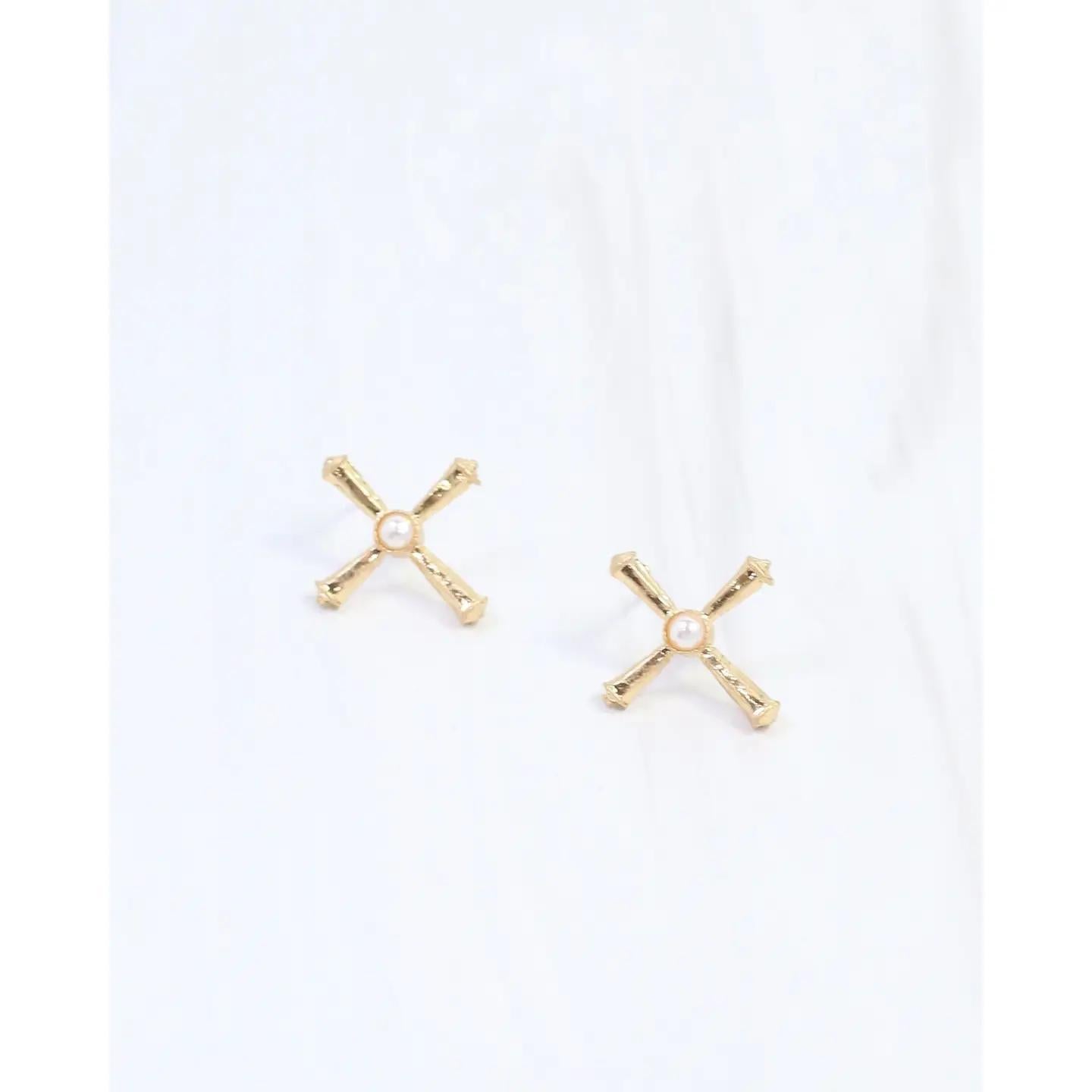 Janet Pearl Cross Stud Earring Worn Gold