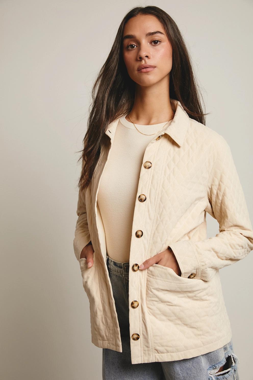 Diamond Quilted Corduroy Button-Up Jacket (Ecru)